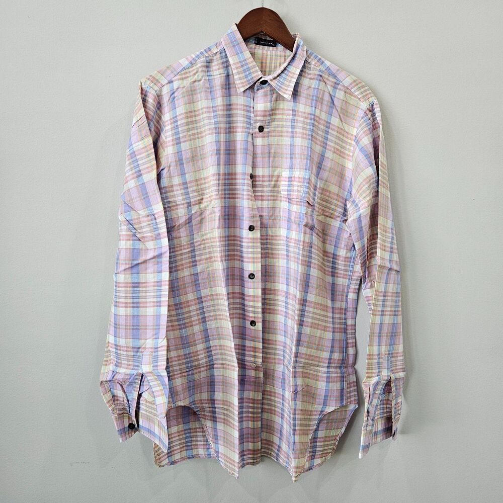 India Madras Plaid Mens Button Down Shirt Large Blue Beige Country Preppy Casual